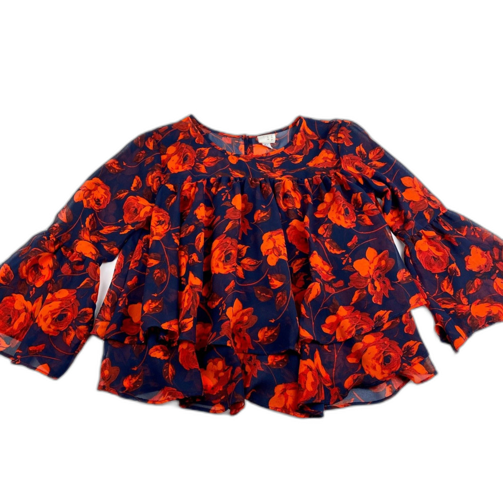 A New Day Womens Blouse XS Sheer Tiered Bell Sleeve Floral Pretty Chiffon Flowy